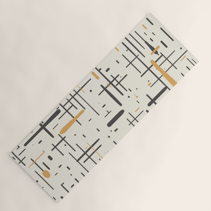 Mid-Century Modern Kinetikos Pattern In Charcoal Gray, Muted Mustard Gold, And Cream Yoga Mat