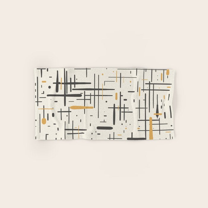Mid-Century Modern Kinetikos Pattern In Charcoal Gray, Muted Mustard Gold, And Cream Bath Towel