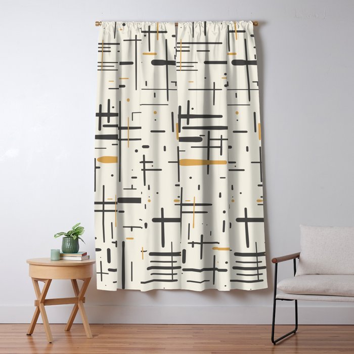 Mid-Century Modern Kinetikos Pattern In Charcoal Gray, Muted Mustard Gold, And Cream Window Curtain