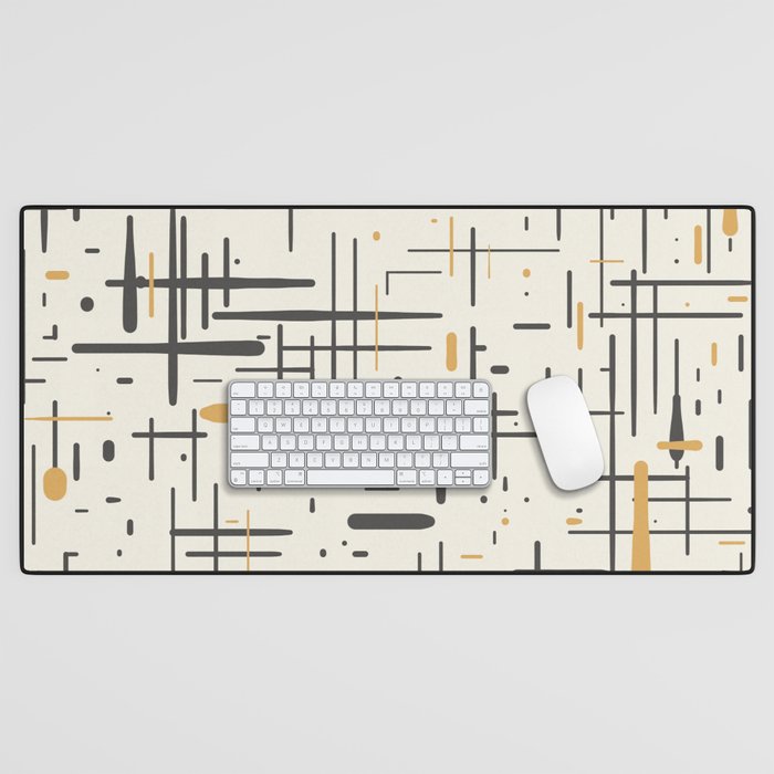 Mid-Century Modern Kinetikos Pattern In Charcoal Gray, Muted Mustard Gold, And Cream Desk Mat