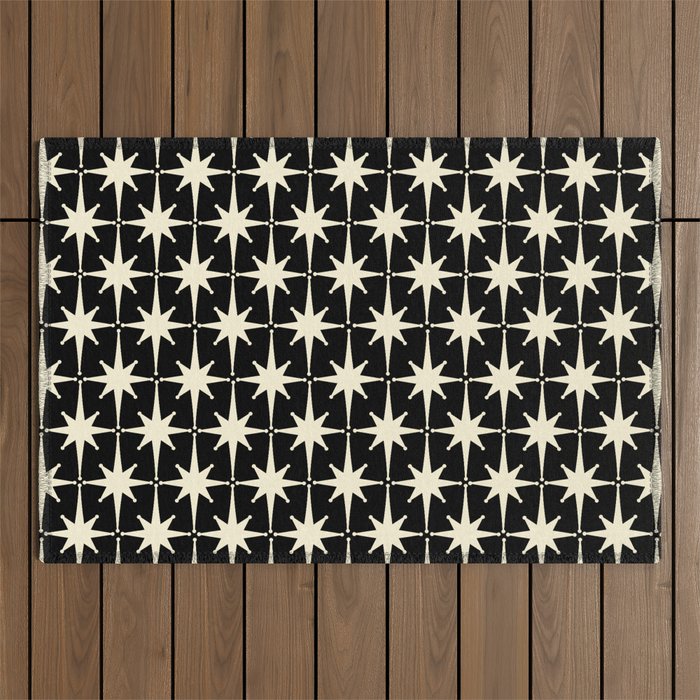 Midcentury Modern Atomic Age Starburst Pattern In Retro Cream And Black Outdoor Rug