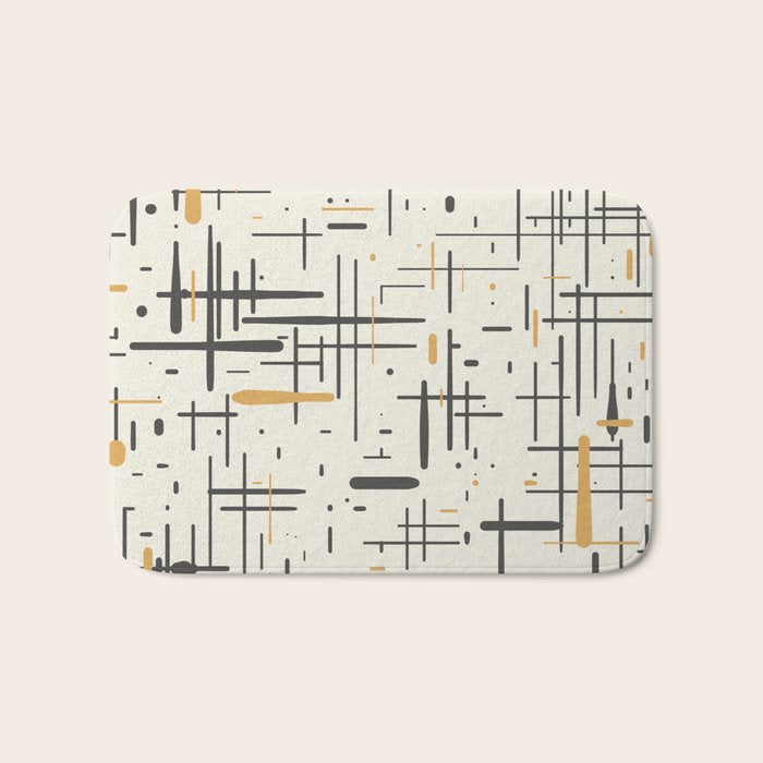 Mid-Century Modern Kinetikos Pattern In Charcoal Gray, Muted Mustard Gold, And Cream Bath Mat
