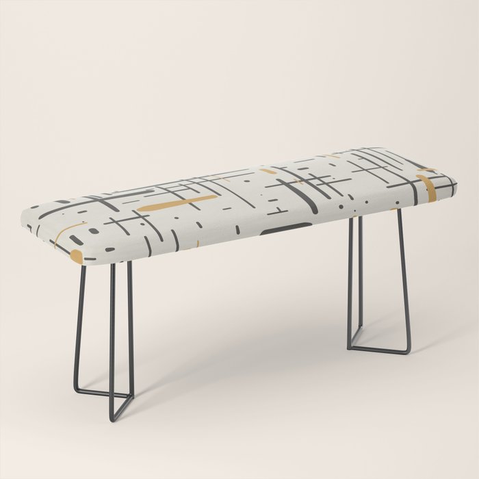 Mid-Century Modern Kinetikos Pattern In Charcoal Gray, Muted Mustard Gold, And Cream Bench