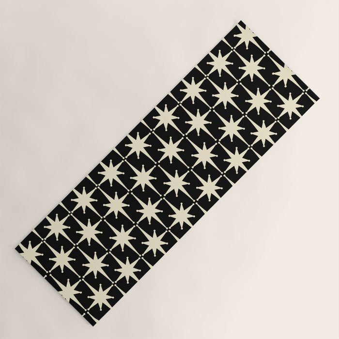 Midcentury Modern Atomic Age Starburst Pattern In Retro Cream And Black Yoga Mat