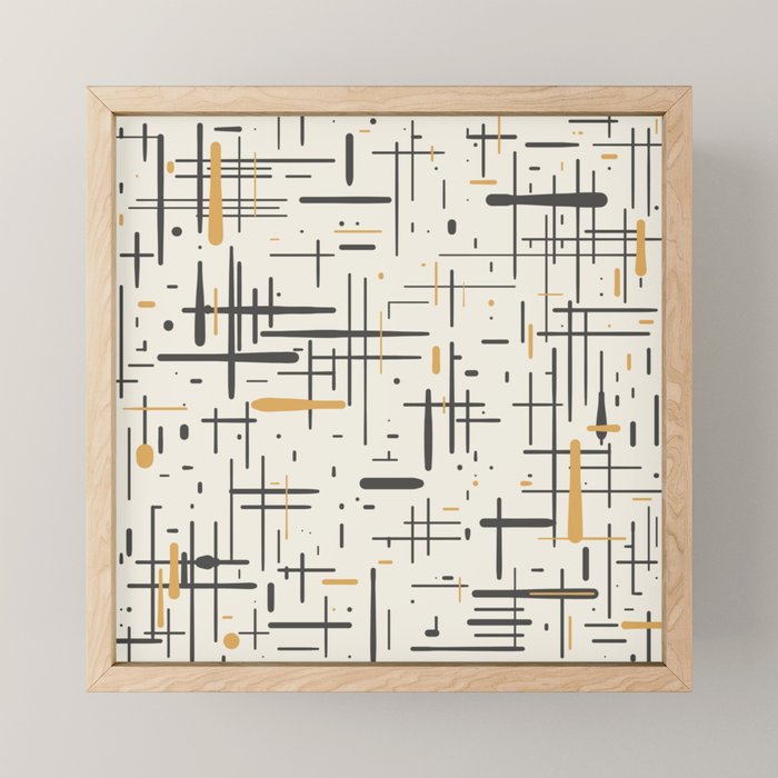 Mid-Century Modern Kinetikos Pattern In Charcoal Gray, Muted Mustard Gold, And Cream Mini Art Print