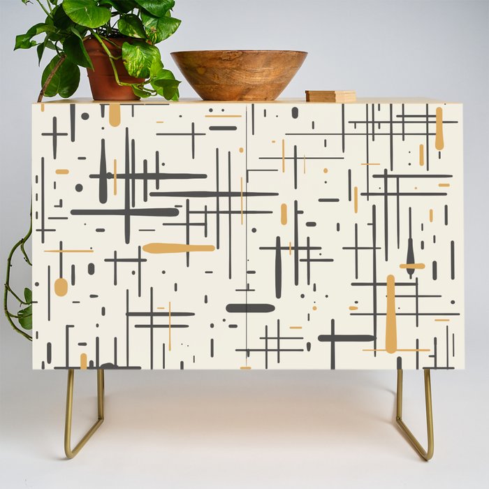 Mid-Century Modern Kinetikos Pattern In Charcoal Gray, Muted Mustard Gold, And Cream Credenza