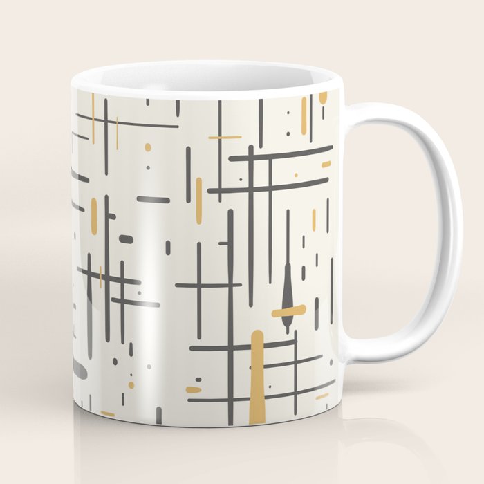 Mid-Century Modern Kinetikos Pattern In Charcoal Gray, Muted Mustard Gold, And Cream Coffee Mug