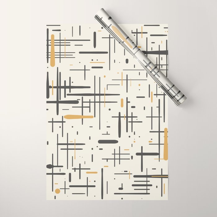 Mid-Century Modern Kinetikos Pattern In Charcoal Gray, Muted Mustard Gold, And Cream Wrapping Paper