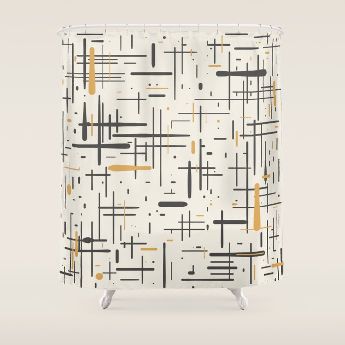 Mid-Century Modern Kinetikos Pattern In Charcoal Gray, Muted Mustard Gold, And Cream Shower Curtain