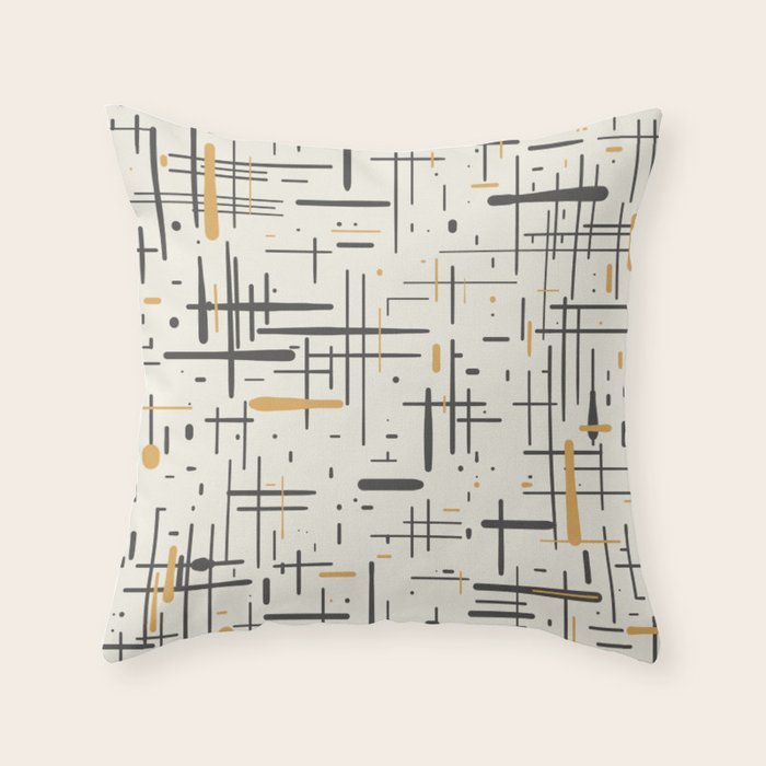 Mid-Century Modern Kinetikos Pattern In Charcoal Gray, Muted Mustard Gold, And Cream Throw Pillow