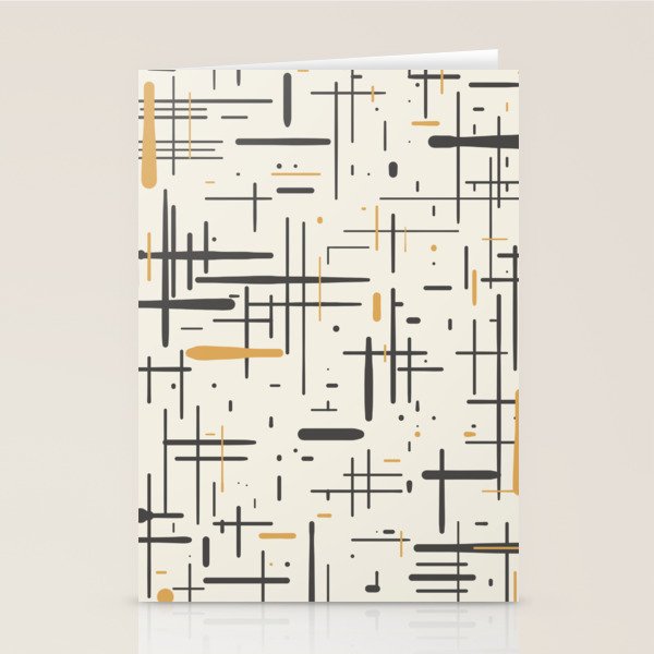 Mid-Century Modern Kinetikos Pattern In Charcoal Gray, Muted Mustard Gold, And Cream Stationery Card