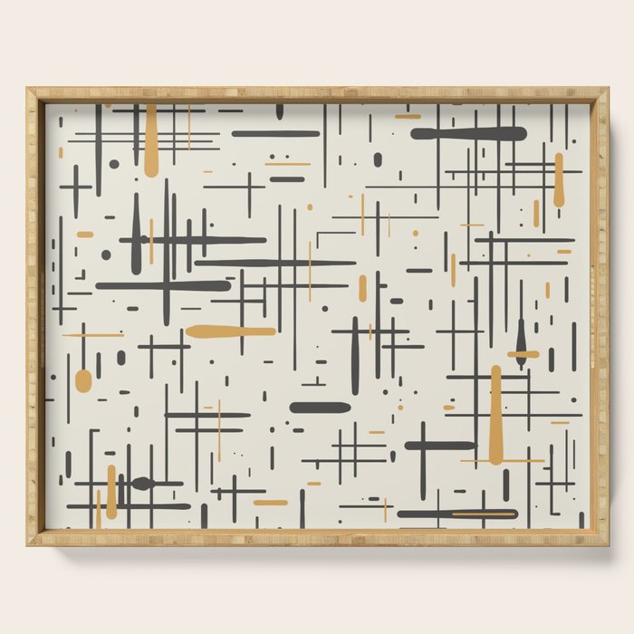 Mid-Century Modern Kinetikos Pattern In Charcoal Gray, Muted Mustard Gold, And Cream Serving Tray