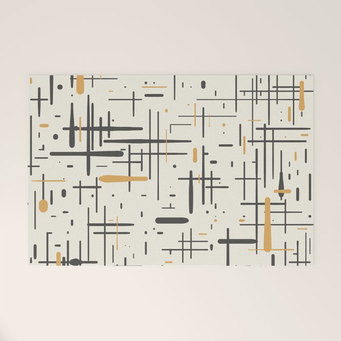 Mid-Century Modern Kinetikos Pattern In Charcoal Gray, Muted Mustard Gold, And Cream Welcome Mat