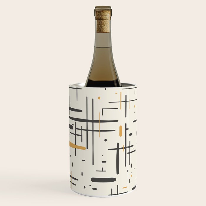 Mid-Century Modern Kinetikos Pattern In Charcoal Gray, Muted Mustard Gold, And Cream Wine Chiller
