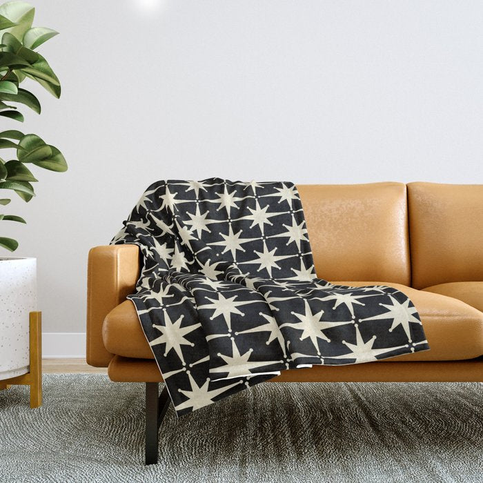 Midcentury Modern Atomic Age Starburst Pattern In Retro Cream And Black Throw Blanket