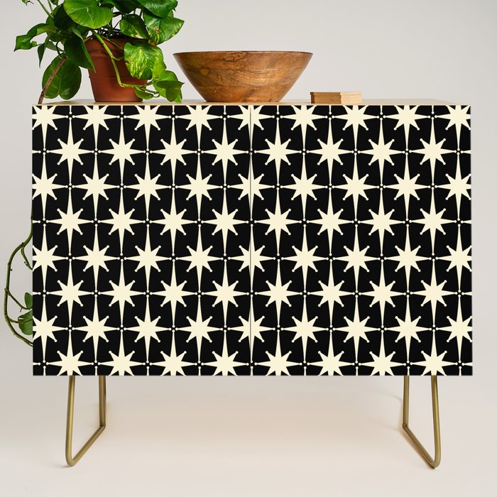 Midcentury Modern Atomic Age Starburst Pattern In Retro Cream And Black Credenza