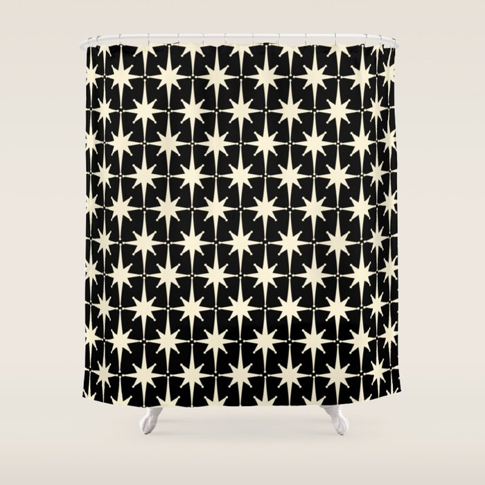 Midcentury Modern Atomic Age Starburst Pattern In Retro Cream And Black Shower Curtain
