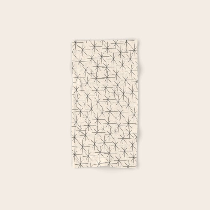 Stella - Atomic Age Mid Century Modern Starburst Pattern In Charcoal Gray And Almond Cream Bath Towel