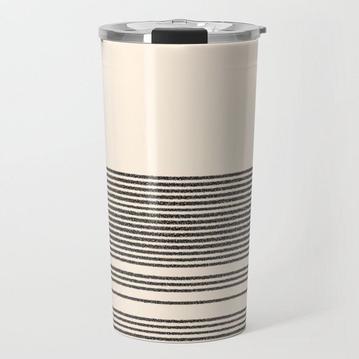 Organic Stripes - Minimalist Textured Line Pattern In Black And Almond Cream Travel Mug
