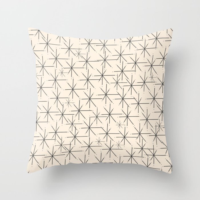 Stella - Atomic Age Mid Century Modern Starburst Pattern In Charcoal Gray And Almond Cream Throw Pillow