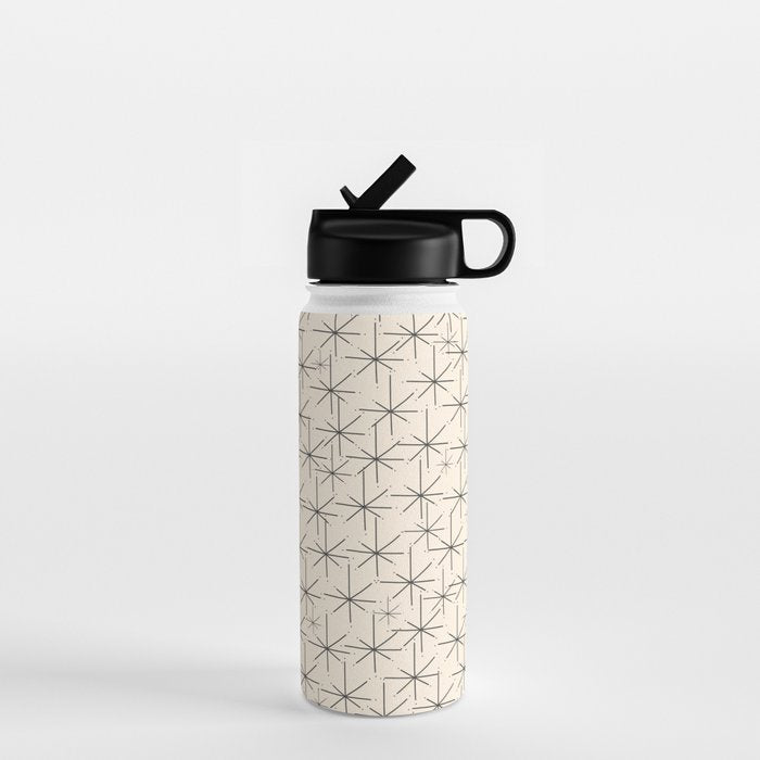 Stella - Atomic Age Mid Century Modern Starburst Pattern In Charcoal Gray And Almond Cream Water Bottle