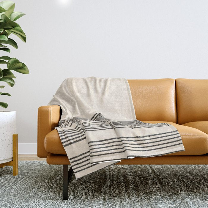Organic Stripes - Minimalist Textured Line Pattern In Black And Almond Cream Throw Blanket