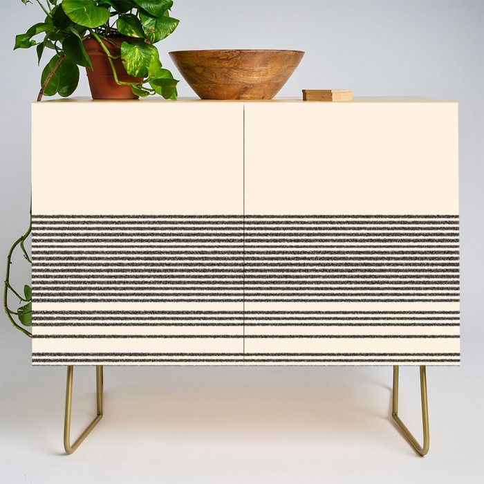 Organic Stripes - Minimalist Textured Line Pattern In Black And Almond Cream Credenza