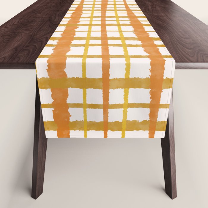 Hygge Retro Stripe Painted Plaid Pattern Orange Mustard Cream Table Runner