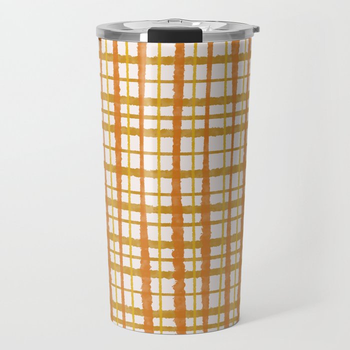 Hygge Retro Stripe Painted Plaid Pattern Orange Mustard Cream Travel Mug