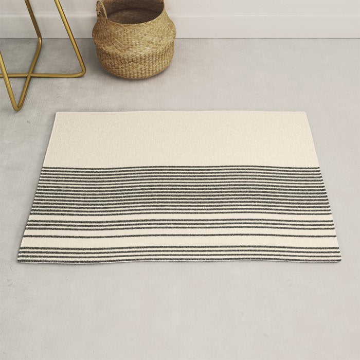 Organic Stripes - Minimalist Textured Line Pattern In Black And Almond Cream Rug