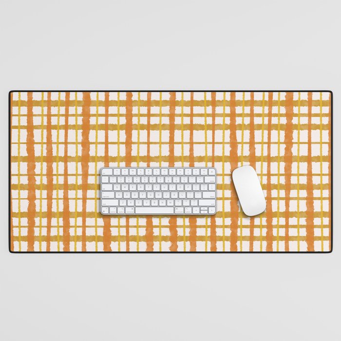 Hygge Retro Stripe Painted Plaid Pattern Orange Mustard Cream Desk Mat