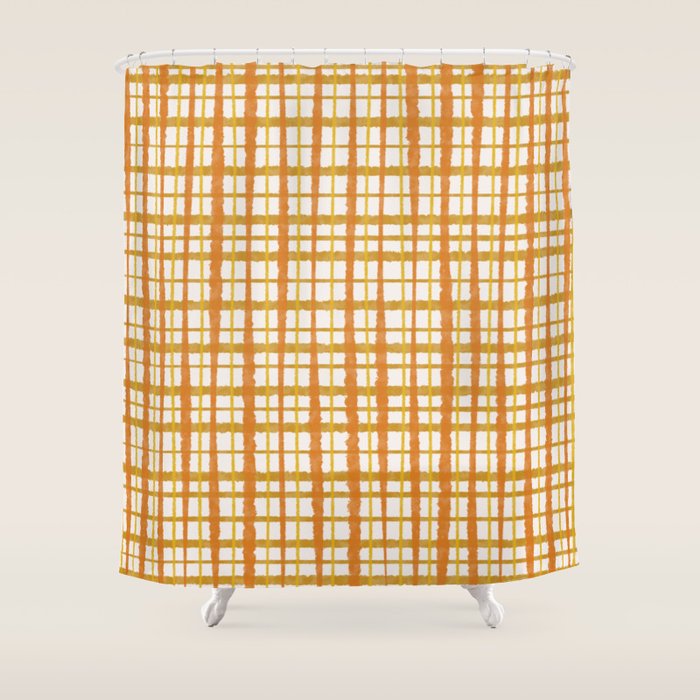 Hygge Retro Stripe Painted Plaid Pattern Orange Mustard Cream Shower Curtain