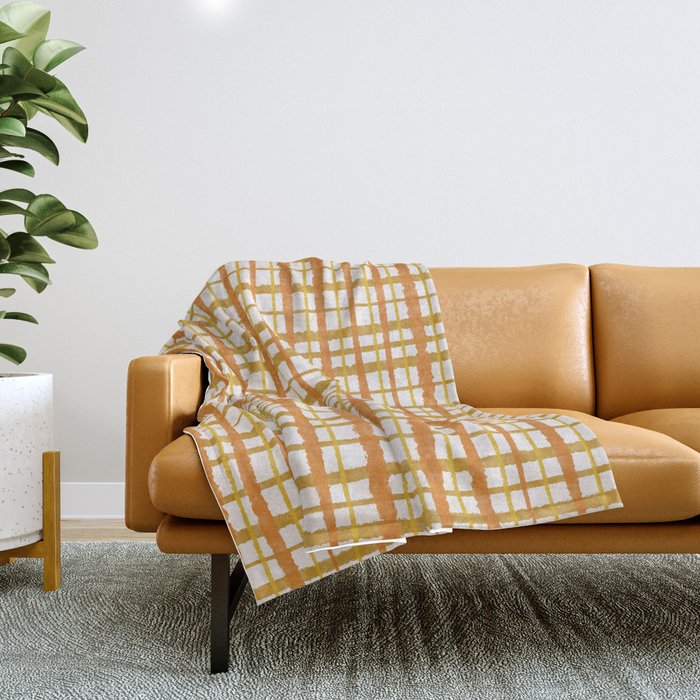 Hygge Retro Stripe Painted Plaid Pattern Orange Mustard Cream Throw Blanket