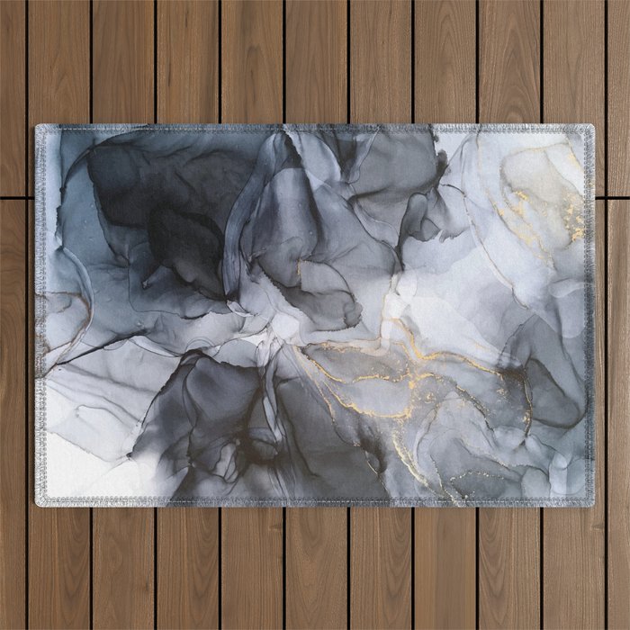 Calm But Dramatic Light Monochromatic Black & Grey Abstract Outdoor Rug