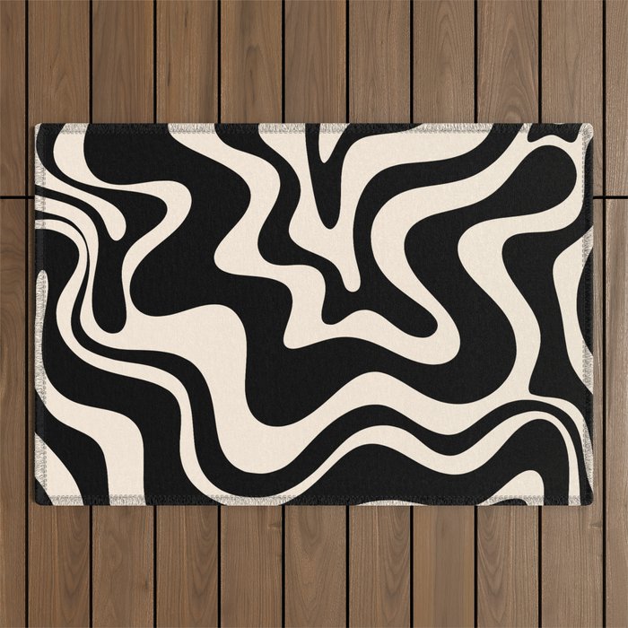 Retro Liquid Swirl Abstract Pattern 3 In Black And Almond Cream Outdoor Rug