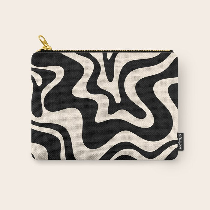 Retro Liquid Swirl Abstract Pattern 3 In Black And Almond Cream Carry All Pouch
