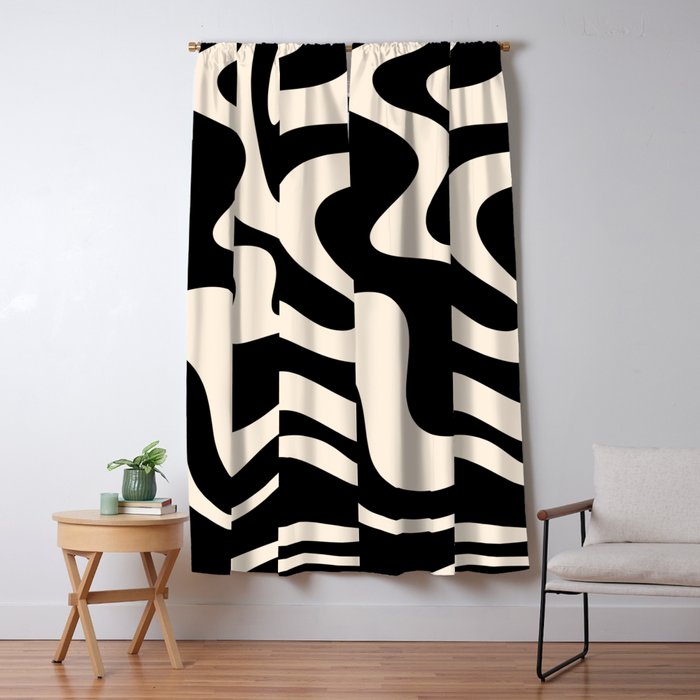 Retro Liquid Swirl Abstract Pattern 3 In Black And Almond Cream Window Curtain
