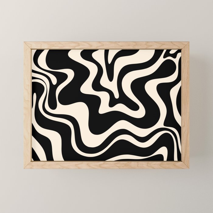 Retro Liquid Swirl Abstract Pattern 3 In Black And Almond Cream Mini Art Print