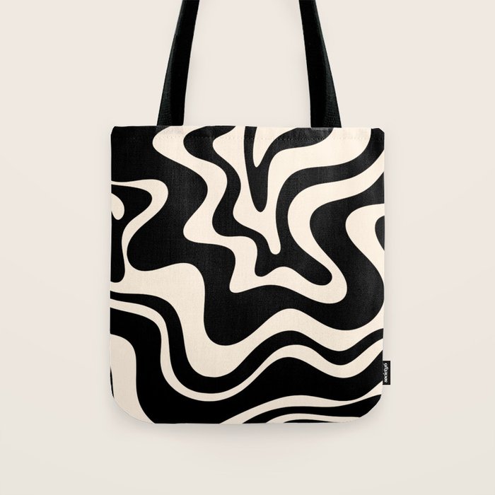 Retro Liquid Swirl Abstract Pattern 3 In Black And Almond Cream Tote Bag
