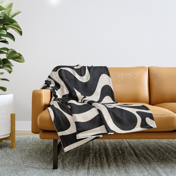 Retro Liquid Swirl Abstract Pattern 3 In Black And Almond Cream Throw Blanket