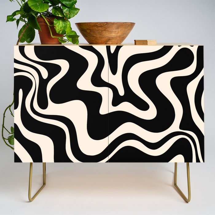 Retro Liquid Swirl Abstract Pattern 3 In Black And Almond Cream Credenza