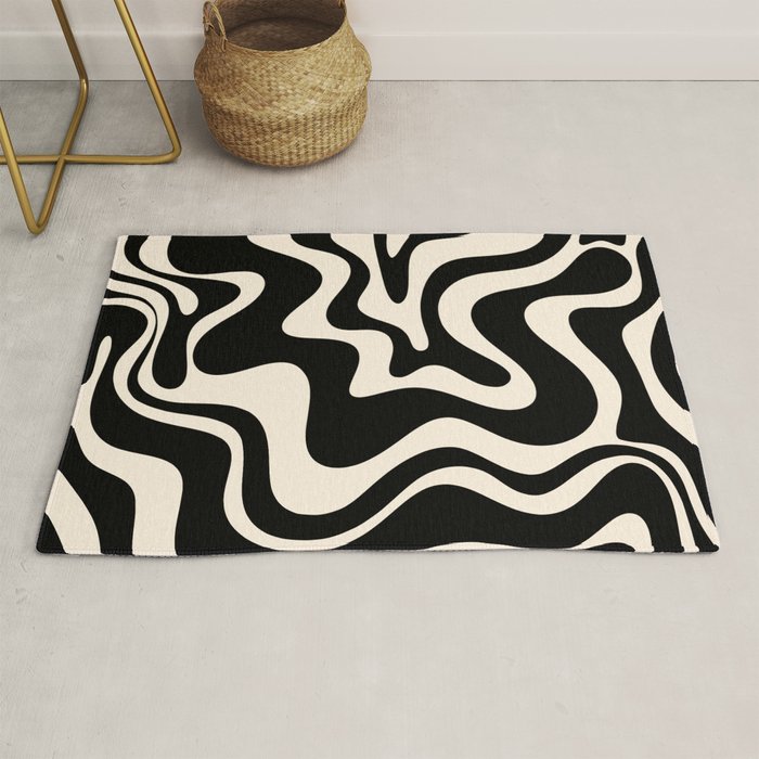 Retro Liquid Swirl Abstract Pattern 3 In Black And Almond Cream Rug