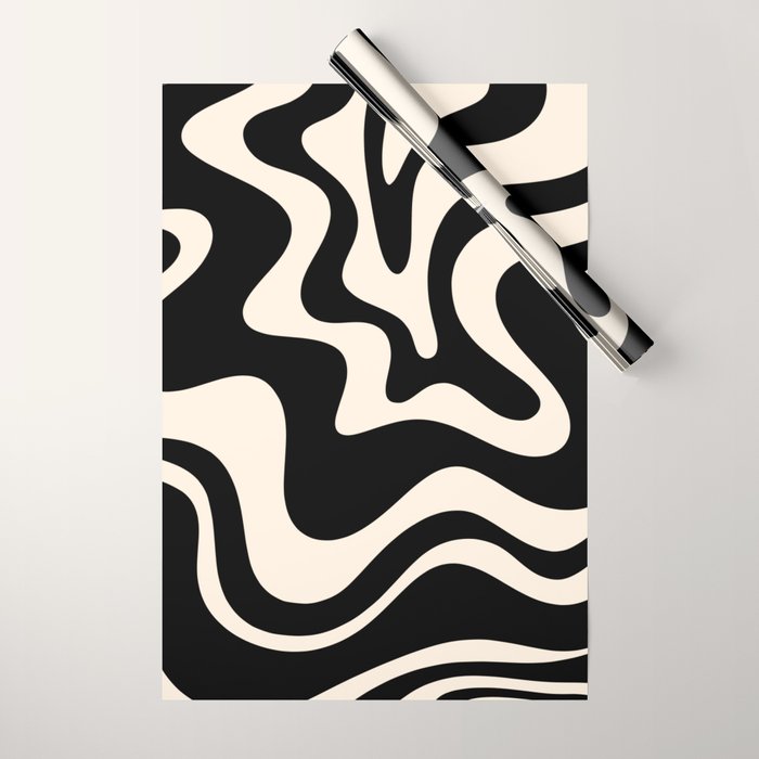 Retro Liquid Swirl Abstract Pattern 3 In Black And Almond Cream Wrapping Paper