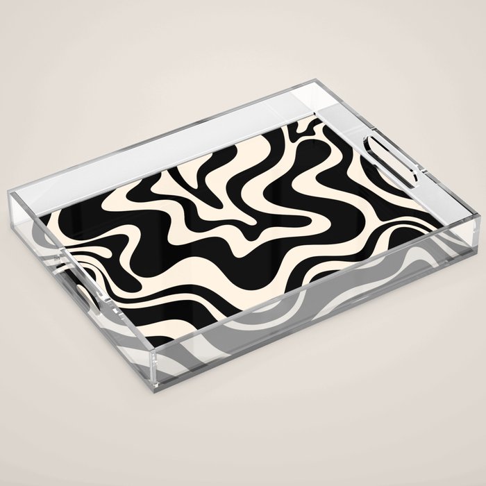 Retro Liquid Swirl Abstract Pattern 3 In Black And Almond Cream Acrylic Tray