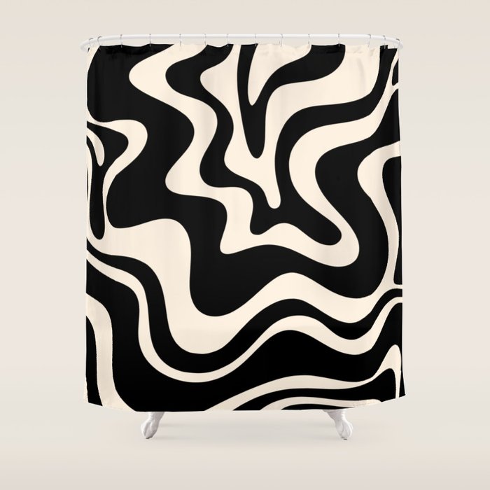 Retro Liquid Swirl Abstract Pattern 3 In Black And Almond Cream Shower Curtain
