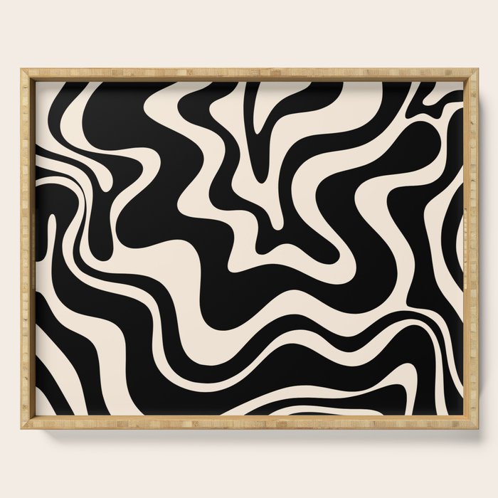 Retro Liquid Swirl Abstract Pattern 3 In Black And Almond Cream Serving Tray