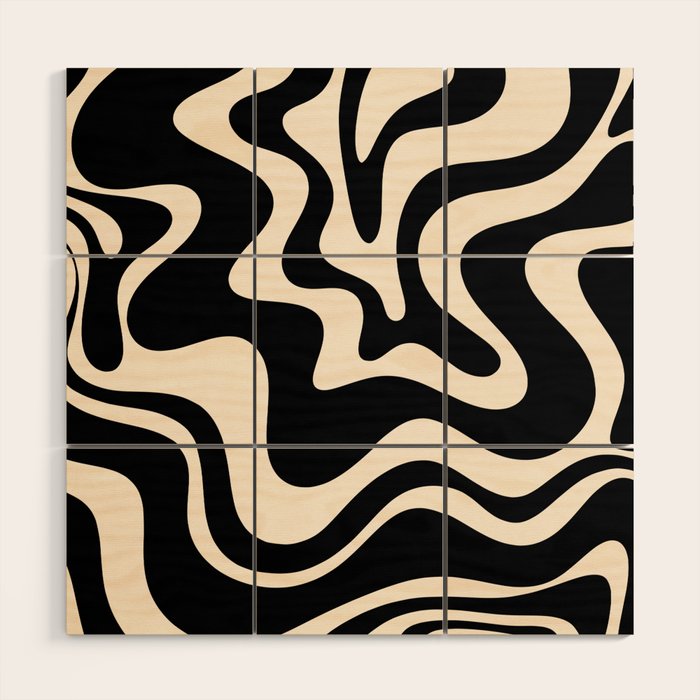 Retro Liquid Swirl Abstract Pattern 3 In Black And Almond Cream Wood Wall Art
