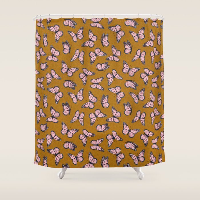 Monarch Butterflies - Pink On Ginger Shower Curtain