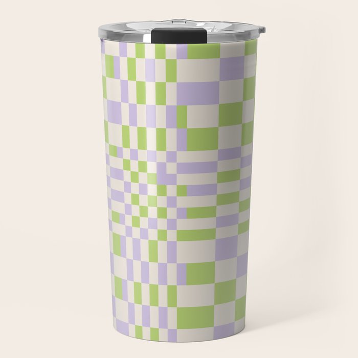 Happy Colorful Checkered Pattern Green And Lilac Travel Mug
