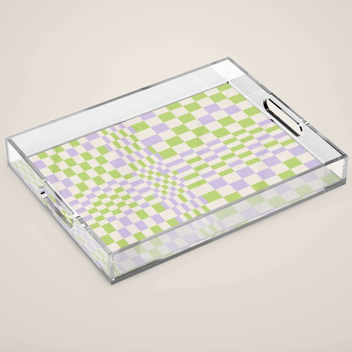 Happy Colorful Checkered Pattern Green And Lilac Acrylic Tray